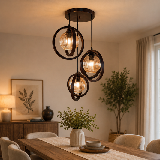 Orbit Glass wood triple pendant light