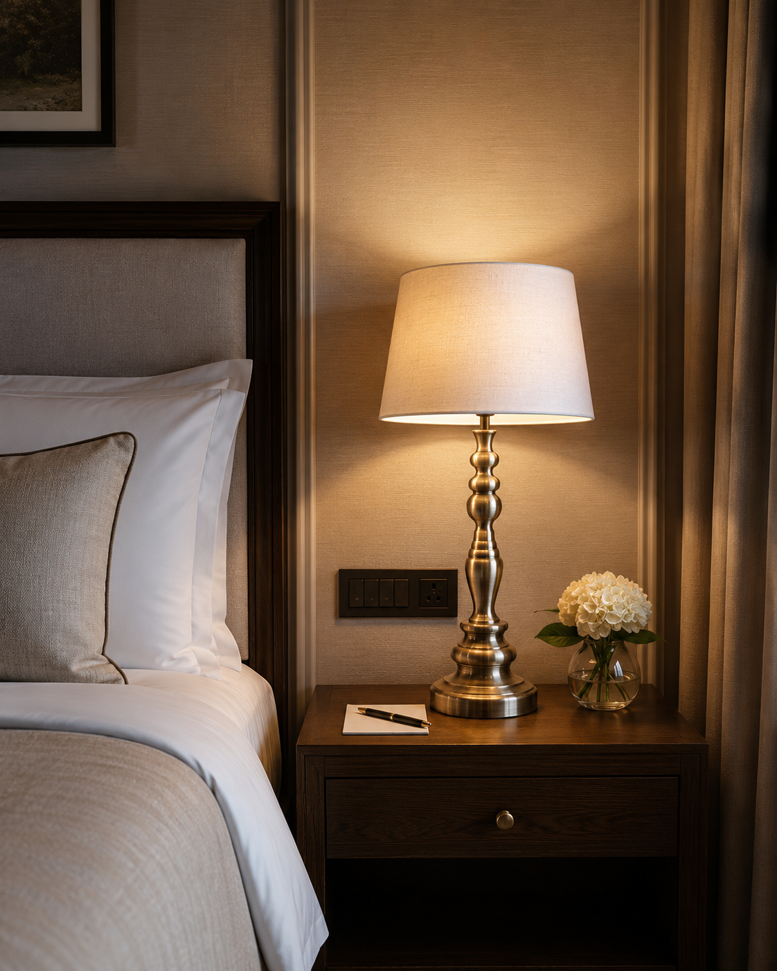Victorian Brass Table Lamp with Linen Lampshade