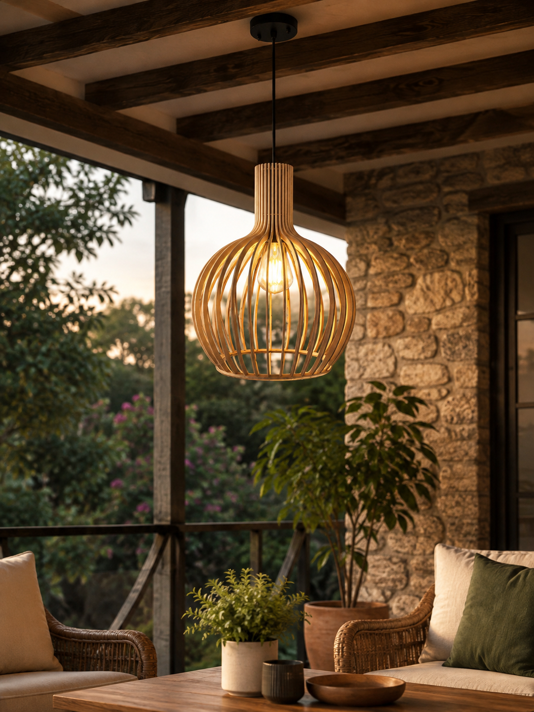 Wooden Round Cage Pendant Light